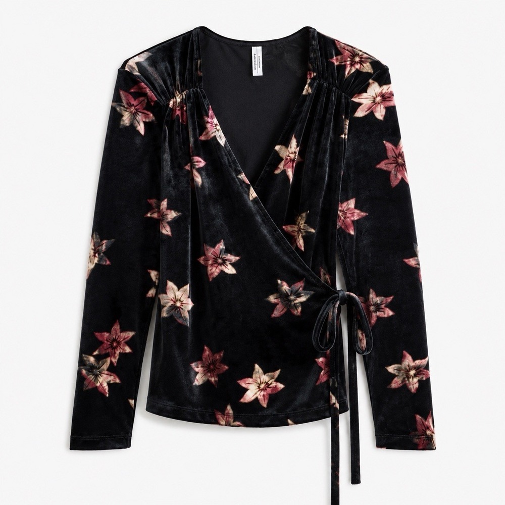 & Other‎ Stories Burnout Velvet Floral Wrap Surplice Top Sz 6/S Black Balletcore